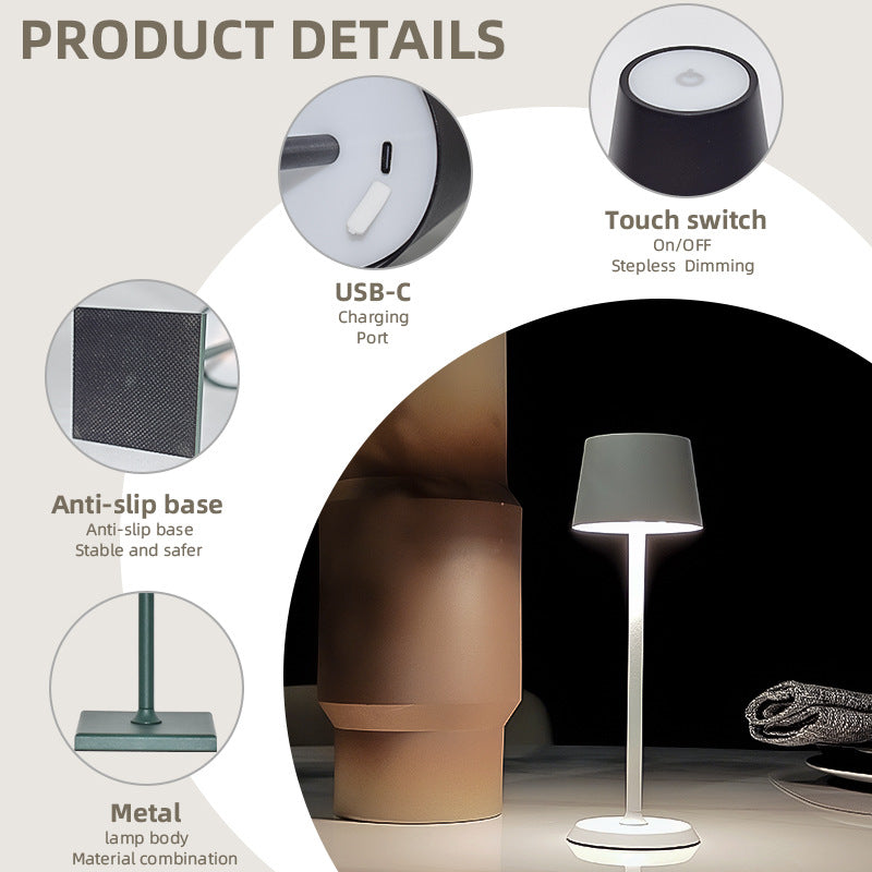 Lámpara de mesa Iris LED recargable, vista frontal del diseño