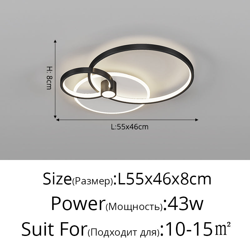 Lámpara de techo Eos de metal minimalista, encendida creando luz cálida