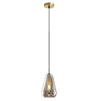 Lámpara colgante Gota de cobre y cristal, encendida creando luz cálida
