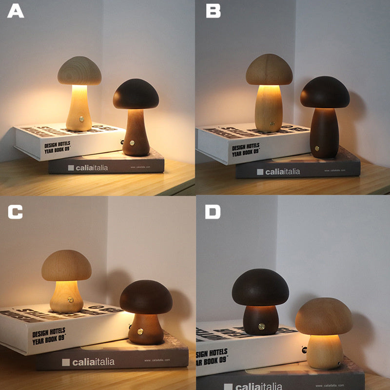 Lámpara de mesa Kinoko con forma de seta, en madera, vista frontal del diseño